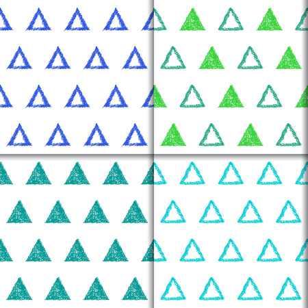 Hand drawn doodle triangle seamless patterns set. Abstract geometric cartoon childish backgrounds collection for use in design for card, invitation, poster, banner, placard, billboard coverのイラスト素材