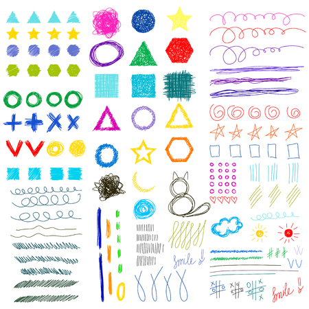Hand drawn doodle funny childish shapes set. Abstract geometric handmade bright collection for use in designのイラスト素材