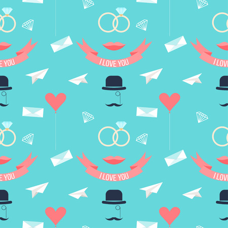 wedding seamless romantic decorative pattern background with cartoon elements isolated on stylish background for use in design for card, invitation, poster, banner, placard, billboard coverのイラスト素材