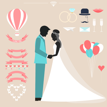 wedding collection with bride, groom silhouette and romantic decorative elements isolated on stylish background for use in design for card, invitation, poster, banner, placard, billboard coverのイラスト素材