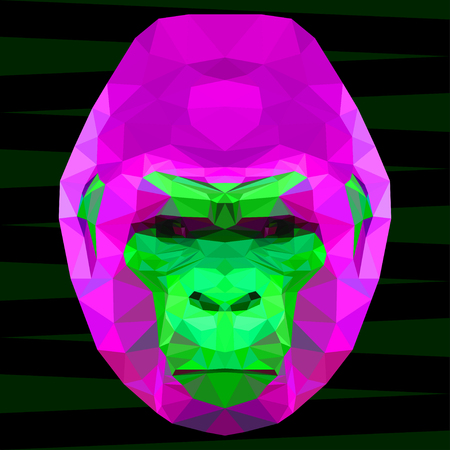 Abstract gorilla head. Polygonal geometric triangle bright portrait painted in imaginary colors isolated on dark background for use in design card, invitation, poster, banner, placard, billboard coverのイラスト素材