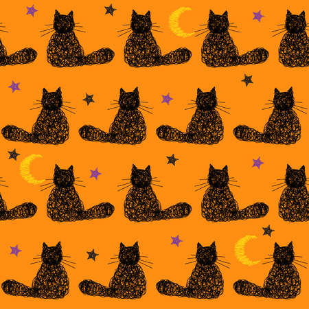 Doodle handmade halloween seamless pattern background with stars, moon and black cat. Hand drawn simple graphic cover. Funny cartoon illustration.のイラスト素材