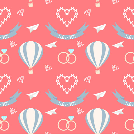 wedding seamless romantic decorative pattern background with cartoon elements isolated on stylish bright background for use in design for card, invitation, poster, placard coverのイラスト素材