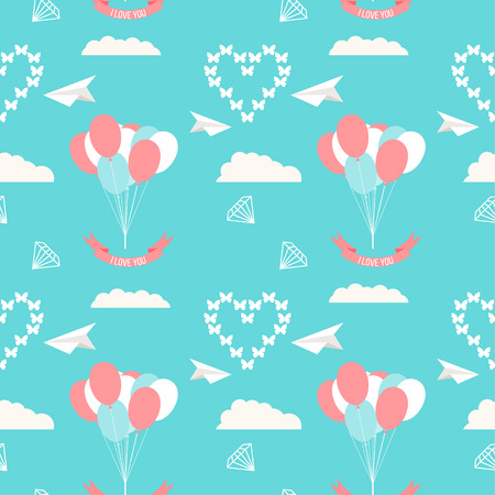 wedding seamless romantic decorative pattern background with balloons, clouds and hearts isolated on stylish background for use in design for card, invitation, poster, placard coverのイラスト素材