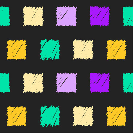Doodle seamless squares pattern background. Hand drawn simple graphic geometric bright  elements isolated on black background for use in designのイラスト素材