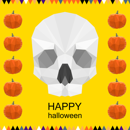 halloween card background with abstract polygonal skull and pumpkins for use in design for design card, invitation, poster, banner, placard, billboard coverのイラスト素材