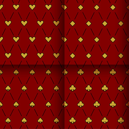 Abstract card suits backgrounds set. Clubs, diamonds. hearts and spades isolated on dark red stylish cover for use in design.のイラスト素材