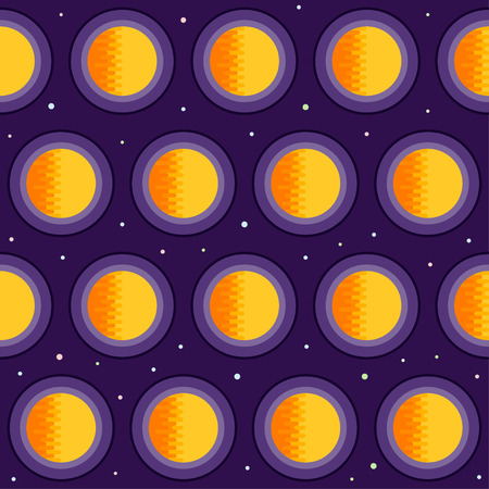 Cosmic seamless pattern background. Bright orange sun and stars isolated on stylish purple cover. Cosmic, astronomy and space theme. Planets in open space.のイラスト素材