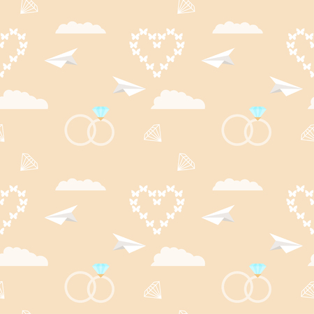 wedding seamless romantic decorative pattern background with cartoon elements isolated on stylish background for use in design for card, invitation, poster, banner, placard, billboard coverのイラスト素材