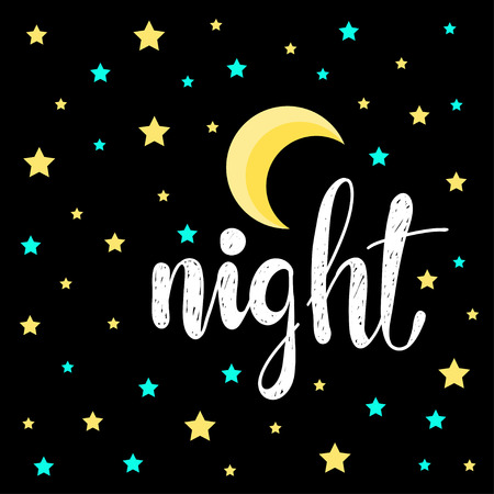 Stars and moon. Good night and sweet dreams theme background. Abstract card, poster, banner, placard, diary, album, sketch book cover.  Hand drawn night letters.のイラスト素材