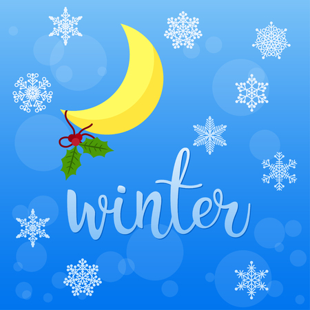 Winter holidays card. Moon and snowflakes isolated on blue.のイラスト素材