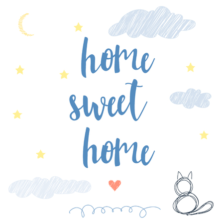 Home sweet home. Abstract lettering for card, invitation, t-shirt, banner, placard, diary, album, sketch book. Hand drawn sweet home letters isolated on doodle background with cat and cloudscape.のイラスト素材