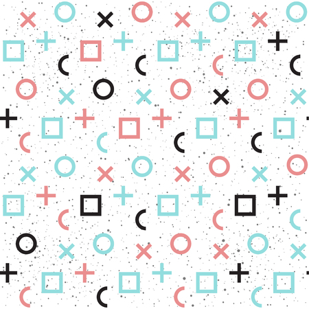 Geometric abstract seamless background. Black, blue and pink. Seamless pattern for card, invitation, poster, banner, placard, diary, album, sketch book, menu etc. Memphis style. 80-90s fashion theme.のイラスト素材