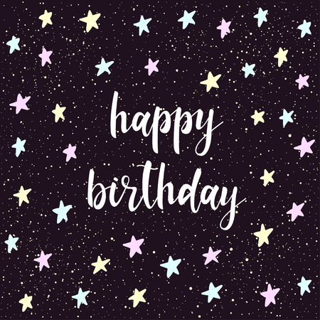 Doodle handmade card background. Happy birthday quote. Soft blue, yellow and pink colored star pattern for design card, t-shirt, book, album, scrapbook, invitation, banner, poster, scrap book coverのイラスト素材