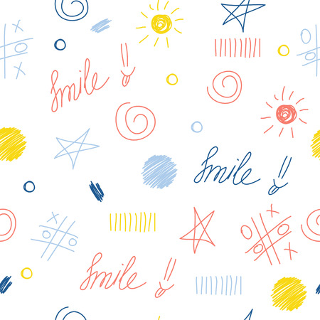 Abstract handmade seamless pattern background. Childish handcrafted wallpaper for design card, baby nappy, diaper, scrapbook, holiday wrapping paper, textile, bag print, t shirt etc.のイラスト素材