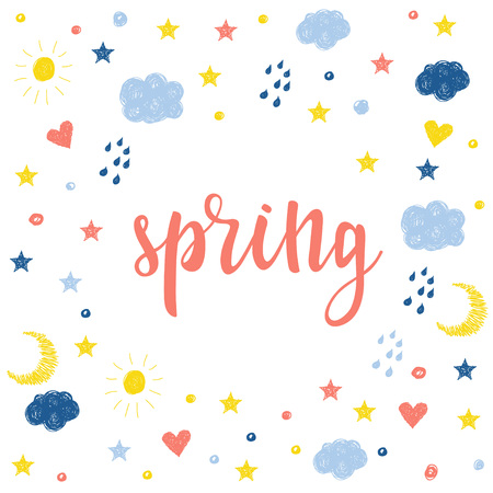 Handwritten lettering on white. Handmade quote and doodle hand drawn elements for design t shirt, greeting card, holiday invitation, book, party poster, shop banner, workshop advertising flyer etc.のイラスト素材