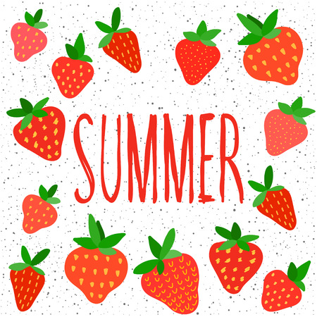 Summer time fun, party, rest, vacation theme for design card, invitation, bag pattern, textile fabric, garment, album, t shirt etc. Abstract bright strawberry handmade pattern background.のイラスト素材