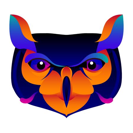 Abstract owl head isolated on white. Graphic cartoon owl portrait painted in imaginary colors for design card, invitation, banner, book, scrapbook, t-shirt, poster, album etc.のイラスト素材