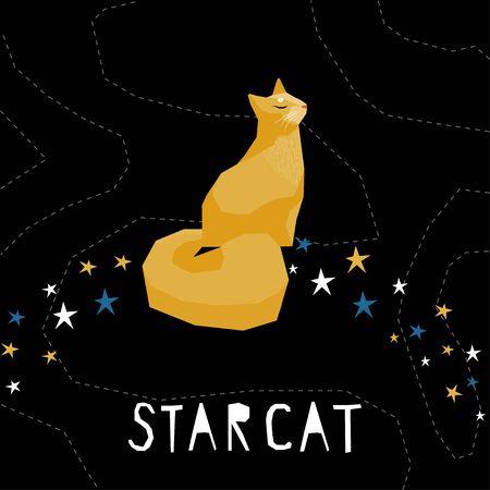 Funny paper cut cat  card template. Abstract child craft cat illustration for design childish poster, birthday card, veterinaryan clinic advertising, invitation, pet shop sale etc. のイラスト素材