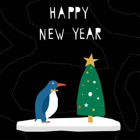Happy new year card bacground. Cute childish paper cut penguin and spruce for design card, invitation, new year party advertising, bag print etc.のイラスト素材