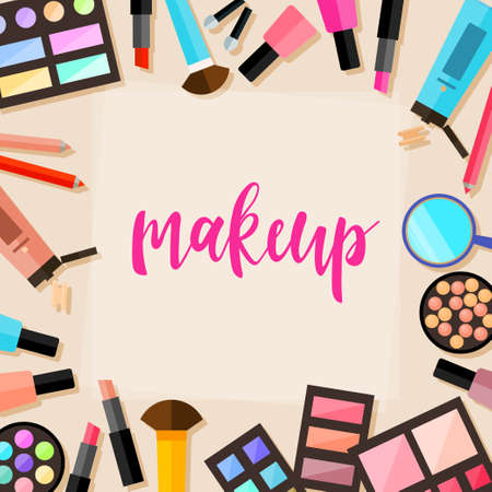 Flat cosmetic seamless pattern background. Bright cosmetic product isolated on white cover. Abstract cartoon cosmetic elements for design card, poster, brochures, textile fabric, garment etc.のイラスト素材