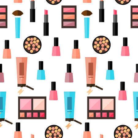 Flat cosmetic seamless pattern background. Bright cosmetic product isolated on white cover. Abstract cartoon cosmetic elements for design card, poster, brochures, textile fabric, garment etc.のイラスト素材