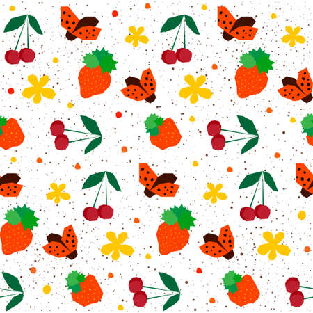 Abstract childish geometric seamless pattern background. Handmade angular ladybug and berry isolated on white cover. Flat style. Summer fun, party, rest, vacation theme.のイラスト素材