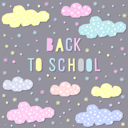 Back to school. Hand drawn lettering and funny pastel applique clouds for design card, school poster, childish t shirt, autumn banner, scrapbook, album, school wallpaper etcのイラスト素材