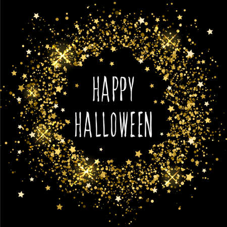 Gold sprayed circle abstract pattern background and handwritten halloween party text. Festive decor for design card, modern pop party invitation, t shirt, poster, flyer, album, scrapbook etc.のイラスト素材