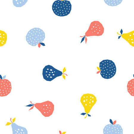 Abstract apple and pear seamless pattern background. Childish handmade craft for design card, cafe menu, wallpaper, summer gift album, scrapbook, holiday wrapping paper, textile fabric, bag print, t shirt etc.のイラスト素材