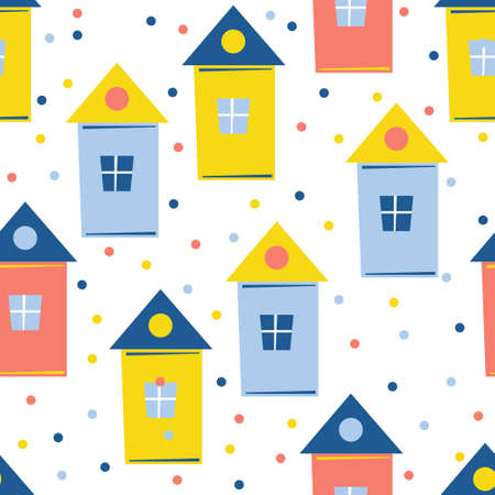 Abstract house seamless pattern background. Childish handmade craft for design card, new year wallpaper, christmas album, invitation, holiday wrapping paper, textile fabric, bag print, t shirt etc.のイラスト素材