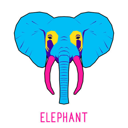 Abstract elephant head isolated on white. Elephant portrait painted in imaginary colors for design birthday gift card, modern party invitation, banner, scrapbook, t shirt, bag print, art workshop advertising flyer etc.のイラスト素材