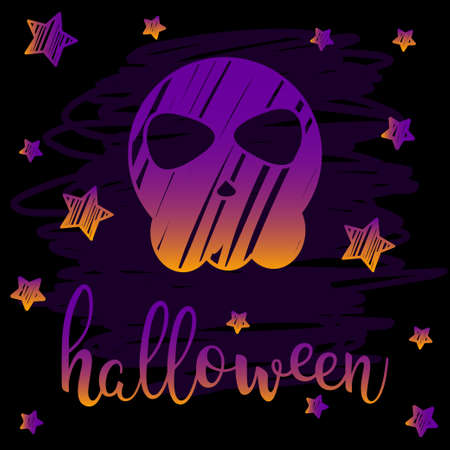 Halloween skull card. Abstract orange and purple gradient colored handwritten halloween letters, skull and stars isolated on black cove for design halloween card, invitation, menu, album etc.のイラスト素材