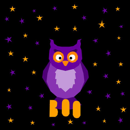 Halloween owl card background. Abstract halloween purple owl and stars isolated on black cover.のイラスト素材