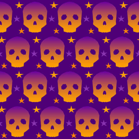 Halloween seamless pattern background. Abstract handmade geometric halloween orange and purple gradient colored skull isolated on purple for design halloween card, invitation, menu, album, poster etc.のイラスト素材