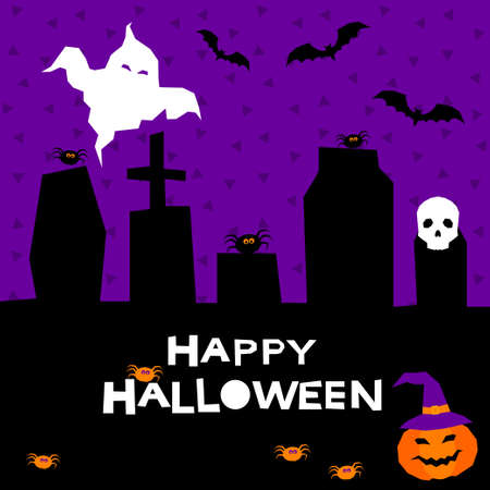Halloween owl card background. Abstract halloween purple owl isolated on orange cover.のイラスト素材