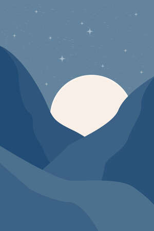 Abstract travel and vacation theme background. Modern minimal boho style poster template. Wall art printable poster. Mid century minimalist print. Boho blue colored sea landscape wall art.のイラスト素材