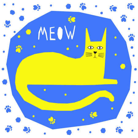 Funny cat card template. Abstract cute childihs craft cat illustration for design birthday card, bag print, pet shop advertising, veterinary clinic poster, kids room etc.のイラスト素材