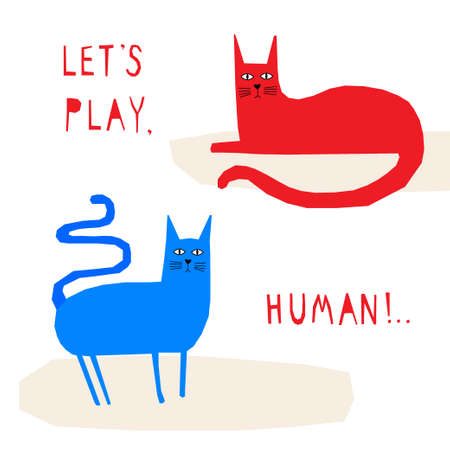 Funny cat card template. Abstract cute childihs craft cat illustration for design birthday card, bag print, pet shop advertising, veterinary clinic poster, kids room etc.のイラスト素材