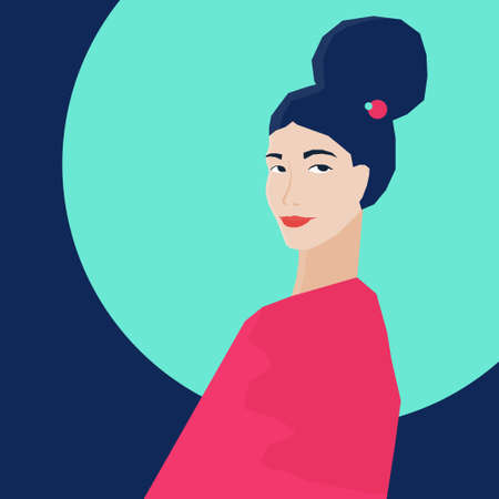 Abstract woman portrait. Adult beauty cartoon woman for design birthday card, modern pop party invitation, fashion shop sale advertising, bag print, holiday wallpaper, t shirt etc.のイラスト素材