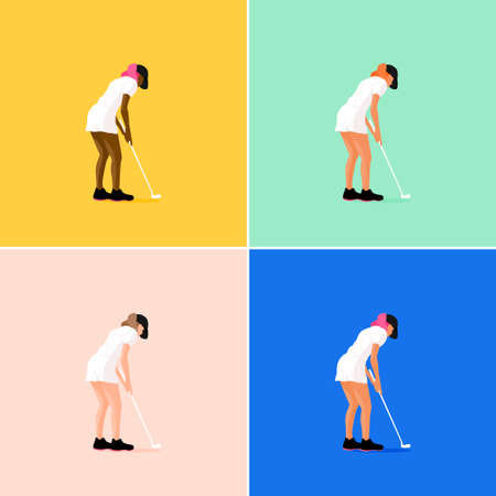 Abstract cartoon girl play golf. Golfer girl card template background for design birthday gift card, sport game party invitation, shop sale, bag or sport club t-shirt print etc.のイラスト素材