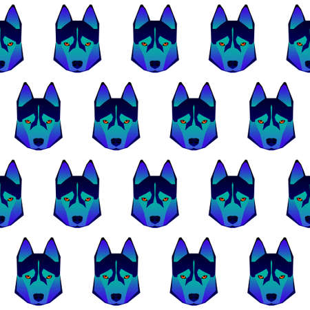 Abstract dog head isolated on white. Graphic cartoon husky dog portrait painted in imaginary colors.の写真素材