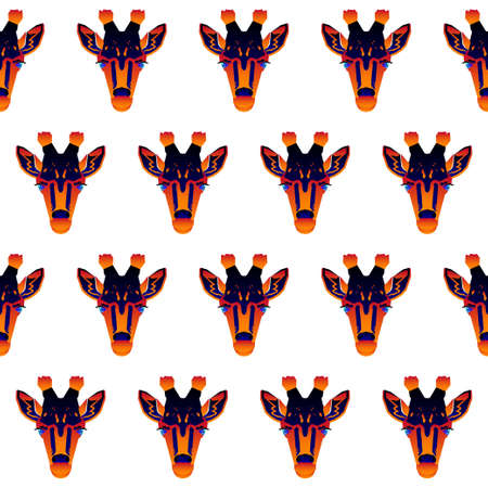 Abstract giraffe head isolated on white. Graphic cartoon giraffe portrait painted in imaginary colors for design.の写真素材