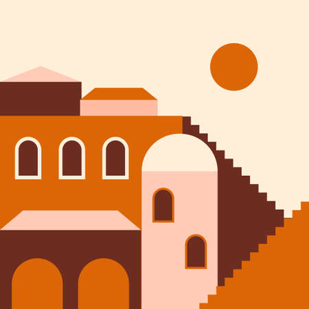 Old city minimalist boho illustration. Boho summer terracotta old city with stairs pattern for design tourism agency flyer, summer birthday greeting card, resort party advertising etcのイラスト素材