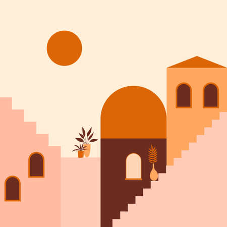 Old city minimalist boho illustration. Boho summer terracotta old city with stairs pattern for design tourism agency flyer, summer birthday greeting card, resort party advertising etcのイラスト素材