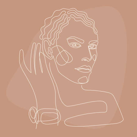 Woman lineart portrait pattern background. Line drown artwork for beauty shop poster, cosmetology center card, t shirt peint, girl's party flyer etc.のイラスト素材