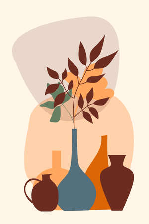 Plant in vase pattern background, Boho minimalist vase illustration for design nursery wall decor, t shirt print, shop flyer, contemporary poster etc.のイラスト素材
