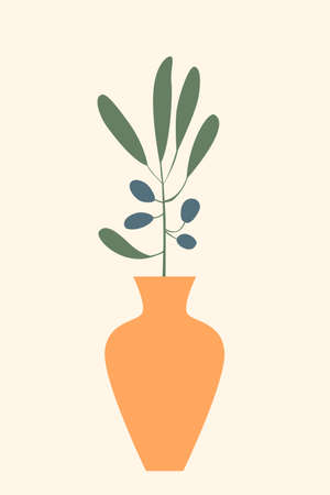 Olive branch plant in vase pattern background, Boho minimalist vase illustration for design nursery wall decor, t shirt print, shop flyer, contemporary poster etc.のイラスト素材