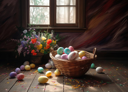 Easter eggs in a basket on a wooden table near the windowの素材