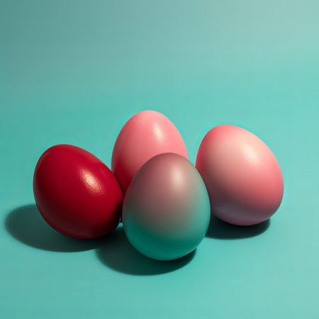 Colorful easter eggs on a blue background. 3d renderingの素材